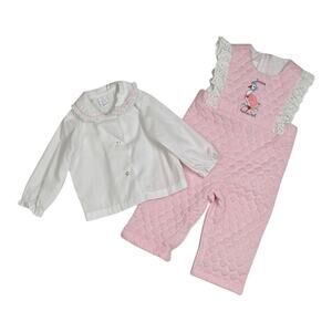 VTG 70s By Thomas Jemima Puddle Duck Quilted Romper Top 2 Pc Pink White Gingham